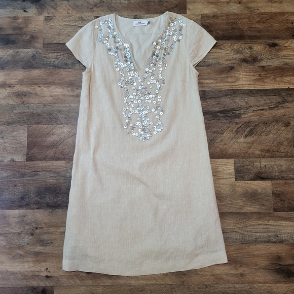 Vineyard Vines Women's Linen Cotten Blend Shell Beaded Cream Tunic Dress Size 2 - Picture 2 of 11